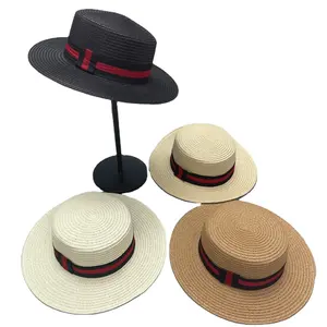 Chinese CHINA MANUFACTURER wholesale fashion Custom charm logo UV SUN WOMEN girls flat boater fedora straw caps hats summer