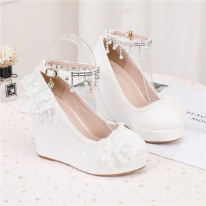 S4637F - Zapatos de Novia de Tacón de Cuña con Punta Redonda y Color Sólido, Talla Única, Blancos, de Boca Poco Profunda para Mujer - Product Image 2