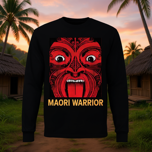 T-shirt a maniche lunghe da uomo con design tribale rosso da guerriero maori, abbigliamento casual da uomo - Product Image 3