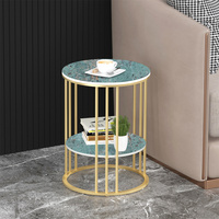 Mesa auxiliar redonda de mármol blanco de 2 niveles, mesa decorativa de café para sala de estar con estante de almacenamiento