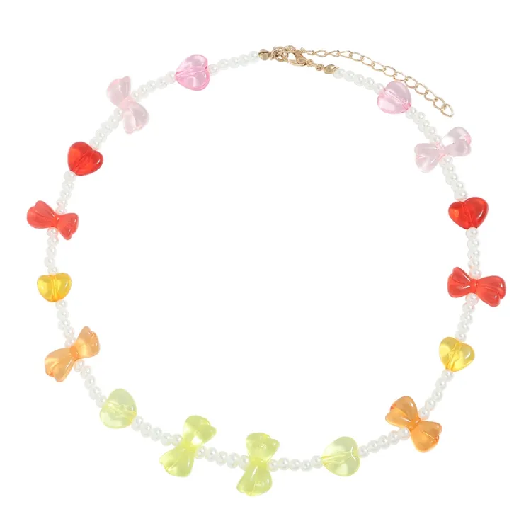 NUORO Acrylic Love Bowknot Beads Bracelet Women Jewelry Set Colorful Transparent Cute Bow Tie Heart Pearl Beaded Choker Necklace