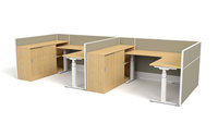 Bureau assis-debout électrique moderne en L à double moteur avec armoire mobile, panneau d'intimité et gestion des câbles