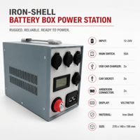 Boîte à batterie portable, station d'alimentation 12V/24V avec interrupteur de batterie 50A, chargeurs USB pour voiture, prises de voiture, connecteurs Anderson DAMAVO
