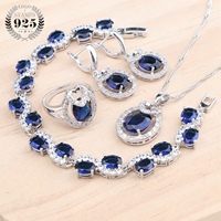 Parures de bijoux en argent 925 saphir bleu pour femmes Mariage de mariée Zircone blanche Boucles d'oreilles Bague Bracelet Pendentif Collier