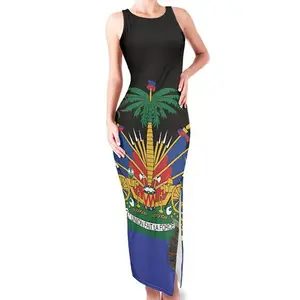 Round Neck Double Slit Sundress Haitian Hibiscus Flower Pattern Beach Vacation Slip Dress Mini Loose Comfy Boho Suspender Skirt