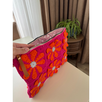 Tas Clutch Rajut Bunga Daisy 3D Buatan Tangan Tas Makeup Rajut Motif Granny Square Tas Ritsleting Besar