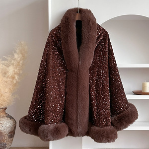 Cape châle poncho pour femme en sequins scintillants d'hiver de luxe, chaud, épais, pour soirée, col en fausse fourrure, châles - Product Image 2