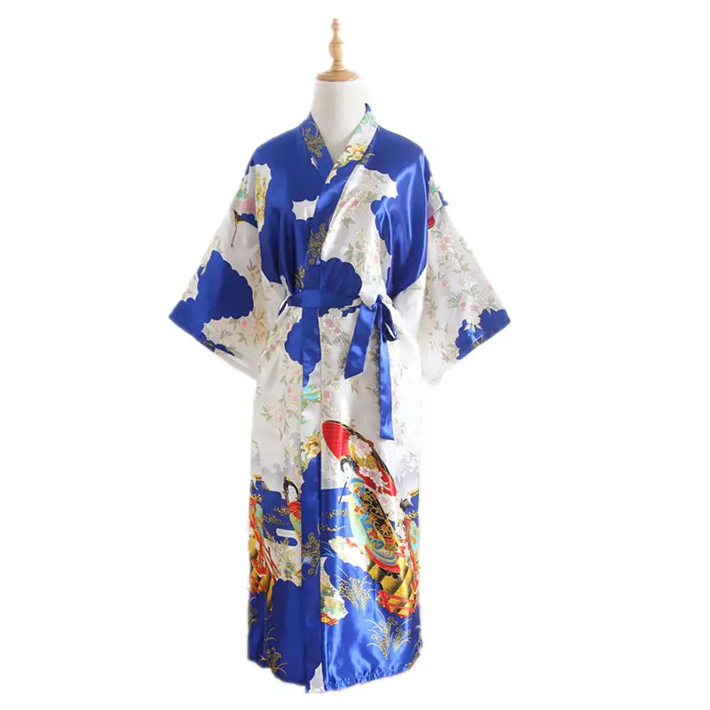 Summer Ladies Satin Silk Kimono Long Robe Japanese Style Yukata Nightgown Fashion Printed Pajamas for Women