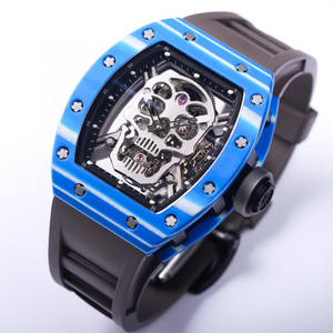 Montre mécanique à remontage manuel unisexe Blue Carbon Fiber 52-01, forme tonneau de vin, crâne tourbillon, Summit Voyager - Product Image 2