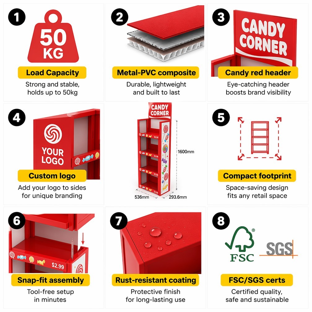 Apache Custom Candy Display Rack 4-Way 4-Tier Metal Confectionery Merchandiser Knock Down Rotating Stand for Gift Shop OEM ODM — view 5