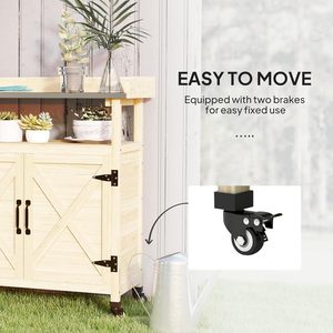 For Outdoor <b>Wooden</b> Potting Table Garden Workstation <b>Storage</b> Cabinet Aluminum Top Rubber Wheels Backyard Patio Balcony - Product Image 4