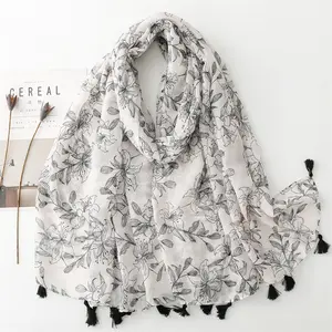 Ladies printing geometric shawl printed cotton scarf hijab viscose stole with tassels scarf