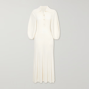 定制白色女式优雅休闲马克西秋季马球领针织衫灯笼袖Midi天然腰针织毛衣制造商 - Product Image 2