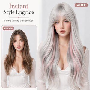 Perruque synthétique ondulée <span class=keywords><strong>blond</strong></span> platine avec mèches roses et franges, résistante à la chaleur, haute densité, ajustable, pour femme, vente en gros - Product Image 2