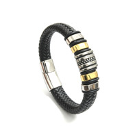 Bracelet tendance pour homme en acier inoxydable tressé avec cuir, design géométrique, plaqué argent, accessoire de mode pour poignet - Cadeau incontournable