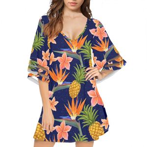 Polynesian Tribal Clothing Pineapples and Flowers Print Custom Half Sleeve Dress Shirt With Flare Sleeves Casual Dress <strong>Stores</strong> - Product Image 3