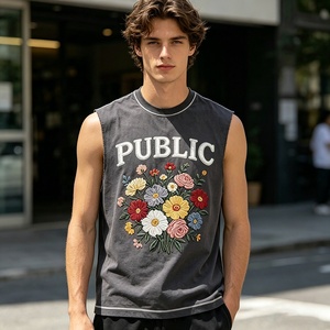 T-shirt sans manches haut de gamme personnalisé avec broderie graphique contrastante, style streetwear oversize, broderie plate, coupe ample aux emmanchures - Product Image 3