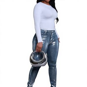 HR88011 <span class=keywords><strong>Jeans</strong></span> en denim pour femmes européennes et américaines - Coupe skinny vintage, élastique, processus de bronzage <span class=keywords><strong>argent</strong></span>é, séchage rapide pour <span class=keywords><strong>l</strong></span>'été - Product Image 1