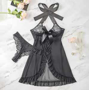 Plus Size Woman's Satin Pajamas with V-Neck Sexy Lace <b>Open</b> Back See Through Features Hanging Stock Bow Decoration G-String Thong - Product Image 5