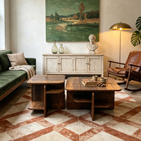 Table basse moderne en bois de récupération avec base géométrique croisée, rangement multi-niveaux, pliable pour salon et maison