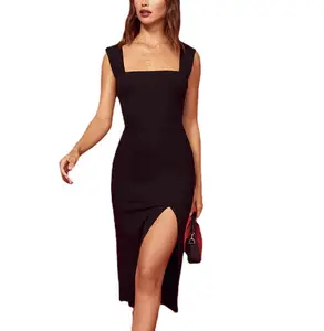 Dress new summer 2023 square collar knit buttock slim-fitting slit dress for women