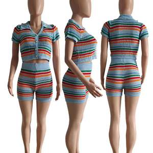 Summer Boutique <strong>Clothing</strong> Knitted 2 Crop Top <strong>and</strong> Women Sets Striped Loungewear Knit Two Piece Ladies Shorts Outfits - Product Image 5