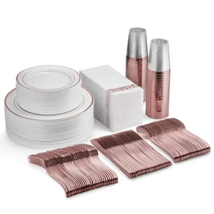 Ensemble <span class=keywords><strong>de</strong></span> vaisselle en plastique <span class=keywords><strong>rose</strong></span> doré fantaisie <span class=keywords><strong>de</strong></span> 350 pièces avec <span class=keywords><strong>serviette</strong></span> pour les occasions <span class=keywords><strong>de</strong></span> fête - Product Image 4