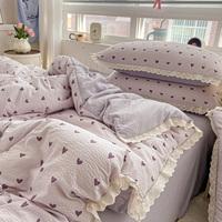 Parure de lit de luxe en mousseline de coton douce style nordique, imprimé floral double gaze, avec garniture en dentelle, housse de couette 4 pièces, King Queen