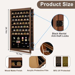 Vitrine de présentation verrouillable en bois de noyer avec fond mural pour pièces de monnaie, badges et insignes - Product Image 2