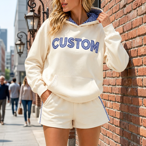 Conjuntos de Ropa Deportiva de 2 Piezas Personalizables para Mujer, Sudadera con Apliques a Cuadros y Letras, Sudadera con Capucha y Ribete de Gingham y Pantalones Cortos, Ropa Deportiva Juvenil - Product Image 5