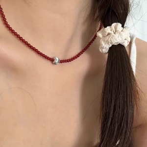 Collier en argent sterling S925 avec perles rouges, blanches et noires, imitation perle, forme de boule, chaîne claviculaire, bijoux tendance - Product Image 3