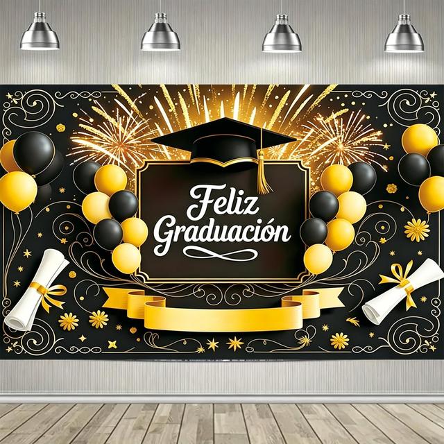 2026 Graduation Party Decor Black Gold Square Cloth Grad Banner Photo Backdrop