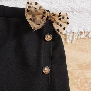 Vêtements populaires pour filles, t-shirt en coton rayé à manches bouffantes en maille avec imprimé cœur, jupe à nœud devant, ensemble 2 pièces pour filles et enfants - Product Image 6