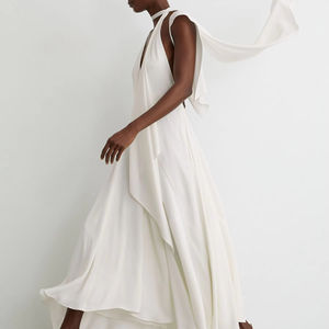 Vestido largo blanco de mujer con cuello halter, estilo casual, con cuello en V profundo y superposición drapeada, ideal para la noche - Nueva Colección 2026 - Product Image 2