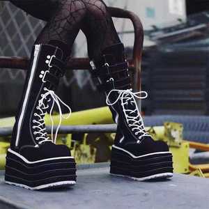 Grande taille mode femmes grosse Sexy plate-forme genou bottes hautes talon haut bout rond Zip Punk Goth mi-<span class=keywords><strong>mollet</strong></span> bottes - Product Image 1