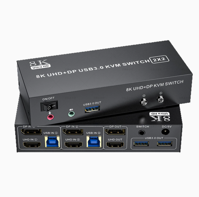 8K  KVM Switch with 2 Inputs and 2 Outputs, Expands to 2 Screens (DP, DP, KVM, Sharing Keyboard and Mouse for Two Monitors).