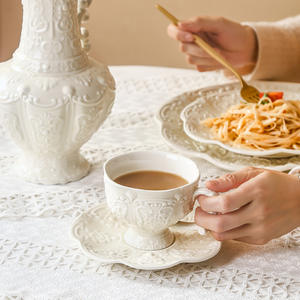 Embossed Ceramic Dinner Plate Breakfast Salad Pasta Dessert Serving <b>Tray</b> Coffee Cup and Saucer Set Tea Pot Restaurant Dinnerware - Product Image 6