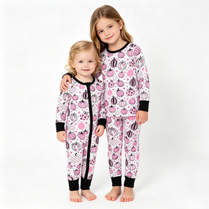 Pijama Enterizo con Cremallera para Bebés Niñas, Estampado de Calabaza Rosa Festivo, Manga Larga, Ropa de Boutique al por Mayor para Otoño - Product Image 1