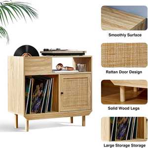 AJUNION Support de tourne-disque <span class=keywords><strong>vintage</strong></span> Table de rangement en bois pour disques vinyles avec porte en rotin - Product Image 2