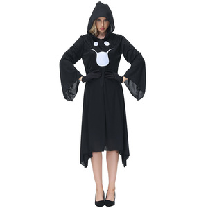 Costume di Halloween per Carnevale, Fantasma Bianco Timido con Maniche Larghe, Cappello a Punta, Vestito da Strega Stampato, Abito da Fantasma Divertente per Adulti - Product Image 1