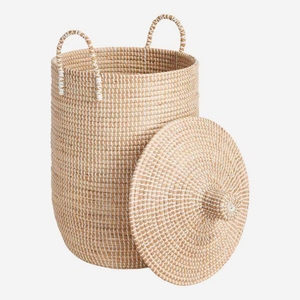 Premium Handwoven Vintage Seagrass Basket For Living Room Laundry <b>Storage</b> Organizer <b>Hamper</b> with Lid - Product Image 3