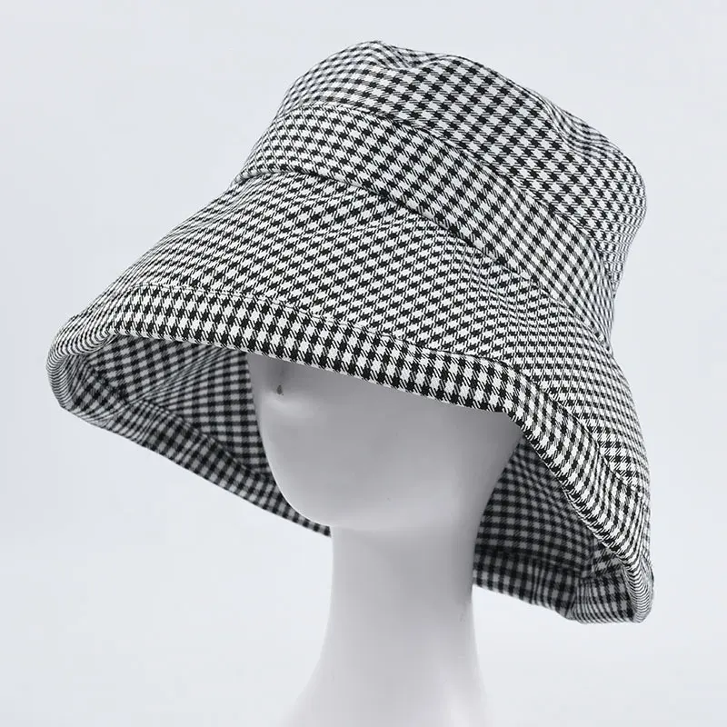 Wholesale Fall Spring Black White Houndtooth Checked Plaid Pattern Wide Brim Sun Shade Women Bucket Hat