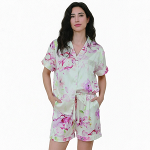 Conjunto de Pijama de Satén Floral para Mujer, Manga Corta, Ropa de Dormir de Verano, Cuello en V, Pantalones Cortos - Product Image 1