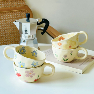 Korea Style Hand Painted Flower Coffee Mug Exquisite Irregular <b>Ceramic</b> Latte <b>Cup</b> - Product Image 6