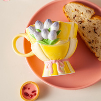 LIVEFUN Tasse en céramique classique écologique et sûre de 360 ml, ensemble cadeau, motif tulipe artisanal, articles ménagers exquis pour café et thé
