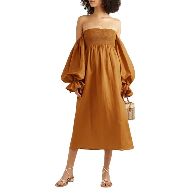 Neuankömmling Leinen Smocking Brown Off Shoulder Puff Sleeve Tube Top Kleid für Frauen