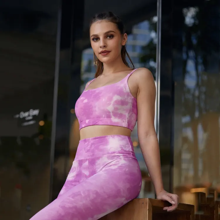 Tái Chế Nylon Độn Thể Thao Áo Ngực Tùy Chỉnh Logo Tie Dye In Thể Dục Bền Vững Phụ Nữ Strappy Yoga Activewear
