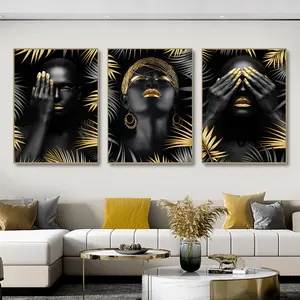 Frame African Make Up Women With Black Gold Leaves Modern Figure Wall Poster african black woman canvas art