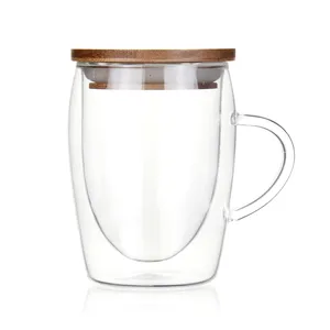 Handmade glasses Double wall glass mugs with food grade bamboo lid cover for coffee glasses