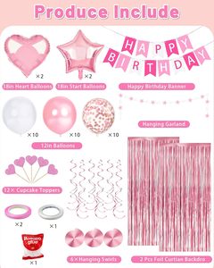 Decorazioni Rosa per Feste di Compleanno, Striscione 'Buon Compleanno', Palloncini con Coriandoli a Forma di Cuore <span class=keywords><strong>e</strong></span> Stella, Ghirlande <span class=keywords><strong>e</strong></span> Decorazioni per Feste - Product Image 5